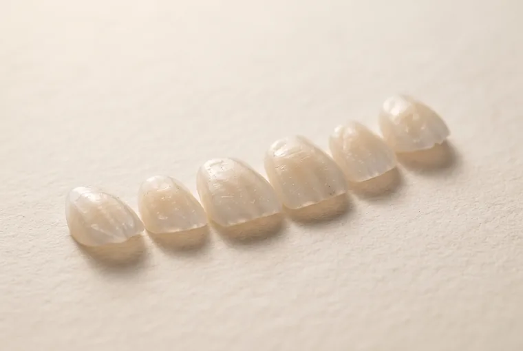 Six ultra-thin porcelain veneer shells arranged in a gentle arc on warm off-white paper