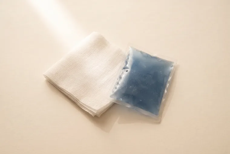A folded square of sterile gauze and a small soft cold pack resting on warm off-white paper